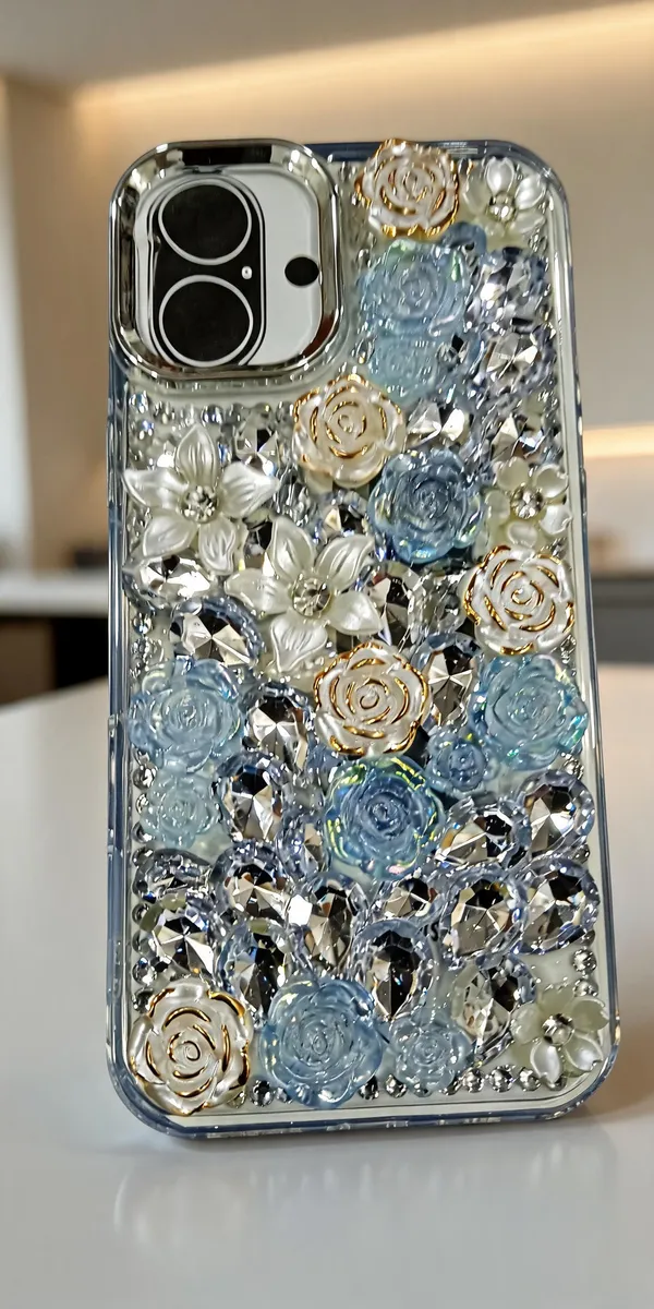 Blue_3D_Floral_Crystal_Embellished_Phone_Case_For_Iphone_16_Plus