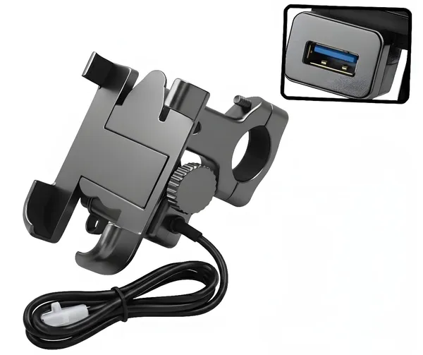 Black_Aluminium_Motorcycle_Phone_Holder_With_Usb_Charger_360°