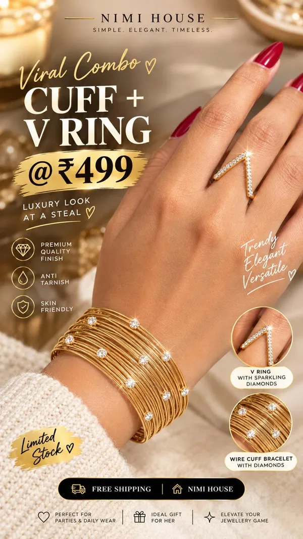 COMBO_:_Premium_Gold-Plated_Full_Set_Wire_Cuff_Bracelet_and_V_Ring