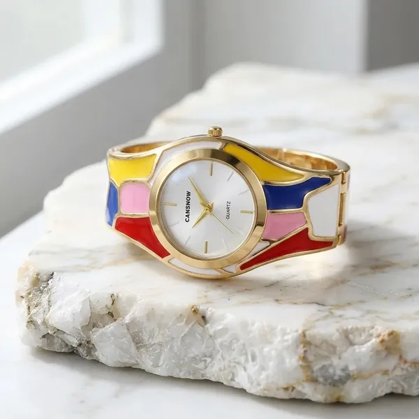 Color_Block_Enamel_Bracelet_Watch_for_Women_|_Gold-Plated_Designer_Cuff_Watch