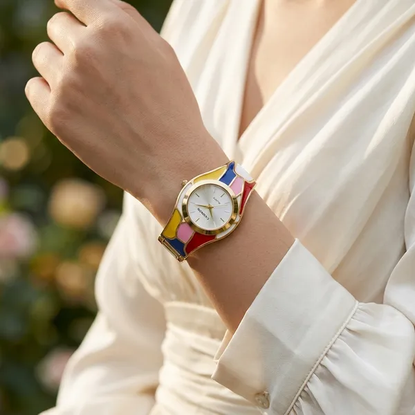 Color_Block_Enamel_Bracelet_Watch_for_Women_|_Gold-Plated_Designer_Cuff_Watch