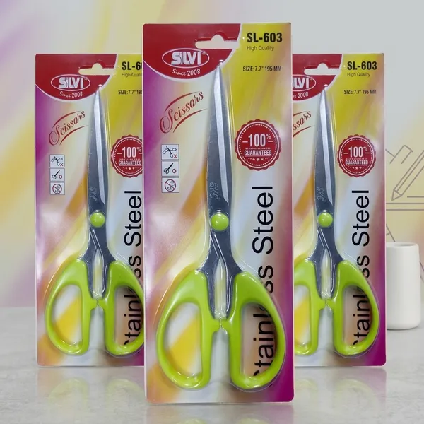 Silvi_Sl-603_Stainless_Steel_Scissors_Green_Handle_Pack_of_3