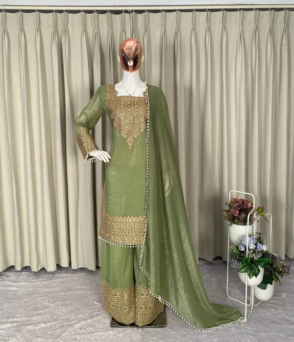 Green_Designer_Wear_Cording_Sequence_Embroidered_Top_Plazzo_And_Dupatta_In_Chrunchy
