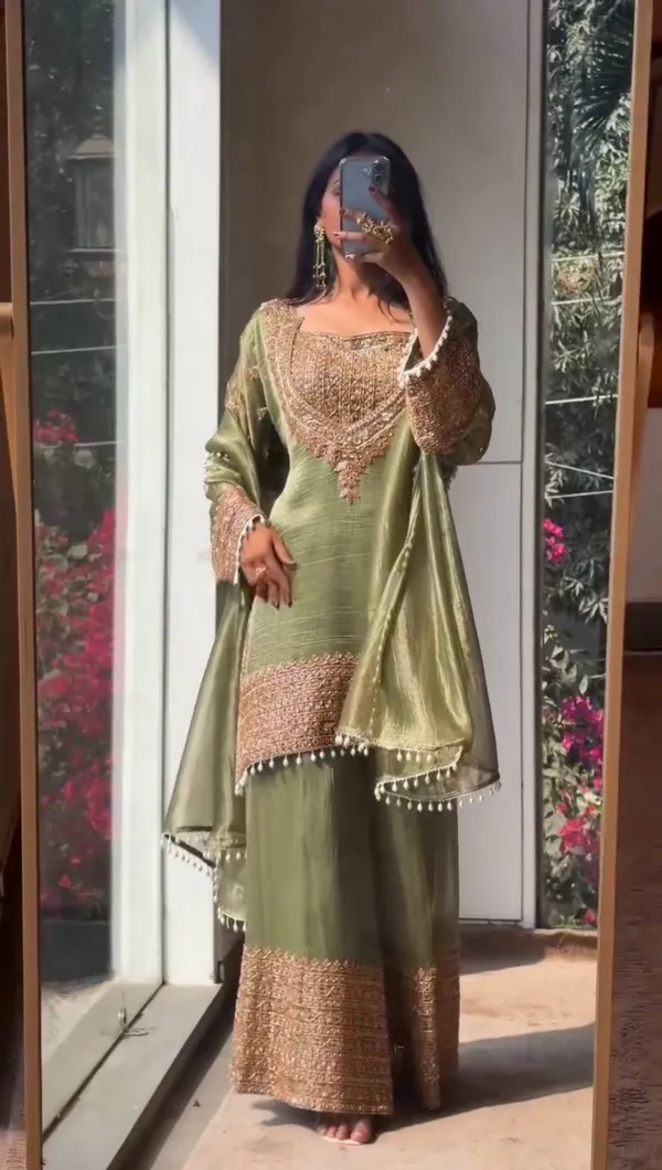Green_Designer_Wear_Cording_Sequence_Embroidered_Top_Plazzo_And_Dupatta_In_Chrunchy