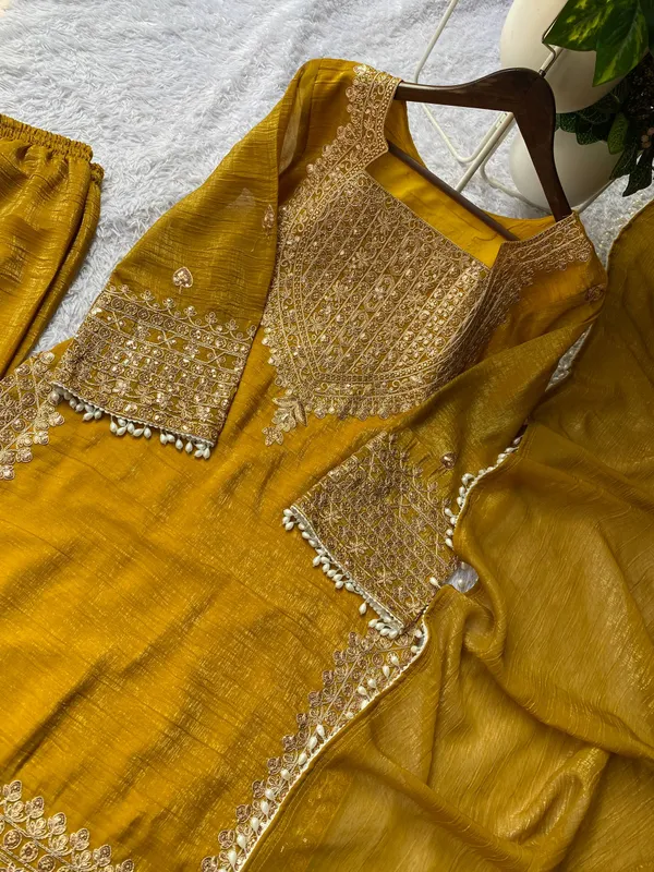 Yellow_Designer_Wear_Cording_Sequence_Embroidered_Top_Plazzo_And_Dupatta_In_Chrunchy