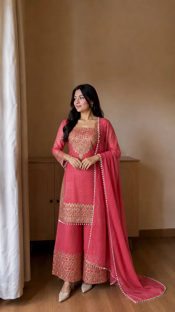 Pink_Designer_Wear_Cording_Sequence_Embroidered_Top_Plazzo_And_Dupatta_In_Chrunchy