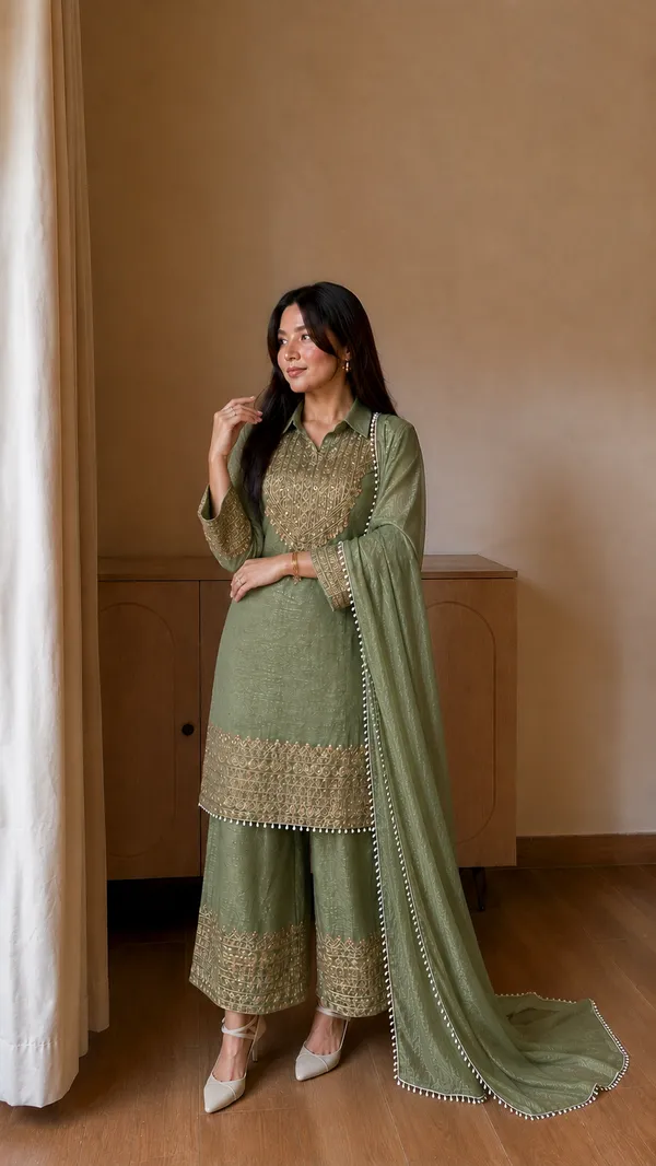 Green_Designer_Wear_Cording_Sequence_Embroidered_Top_Plazzo_And_Dupatta_In_Chrunchy