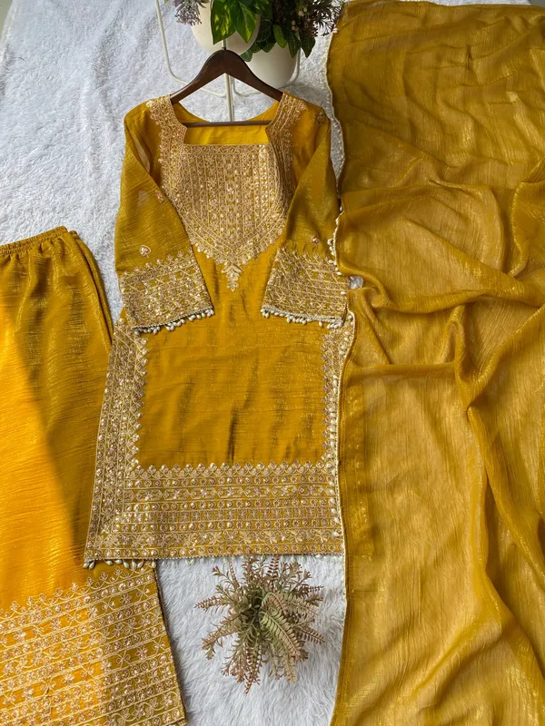 Yellow_Designer_Wear_Cording_Sequence_Embroidered_Top_Plazzo_And_Dupatta_In_Chrunchy
