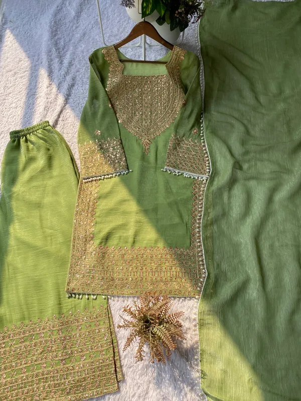 Green_Designer_Wear_Cording_Sequence_Embroidered_Top_Plazzo_And_Dupatta_In_Chrunchy
