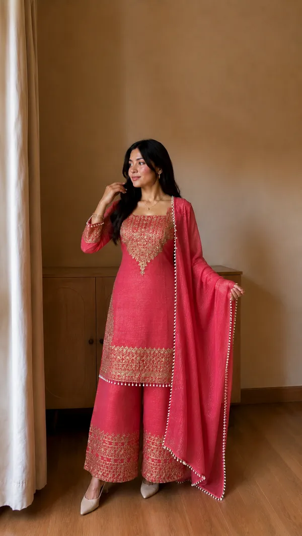 Pink_Designer_Wear_Cording_Sequence_Embroidered_Top_Plazzo_And_Dupatta_In_Chrunchy