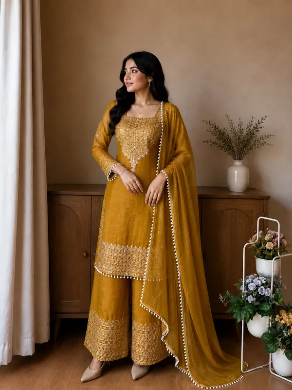 Yellow_Designer_Wear_Cording_Sequence_Embroidered_Top_Plazzo_And_Dupatta_In_Chrunchy