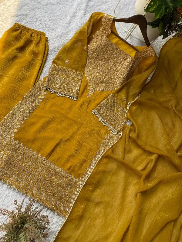 Yellow_Designer_Wear_Cording_Sequence_Embroidered_Top_Plazzo_And_Dupatta_In_Chrunchy
