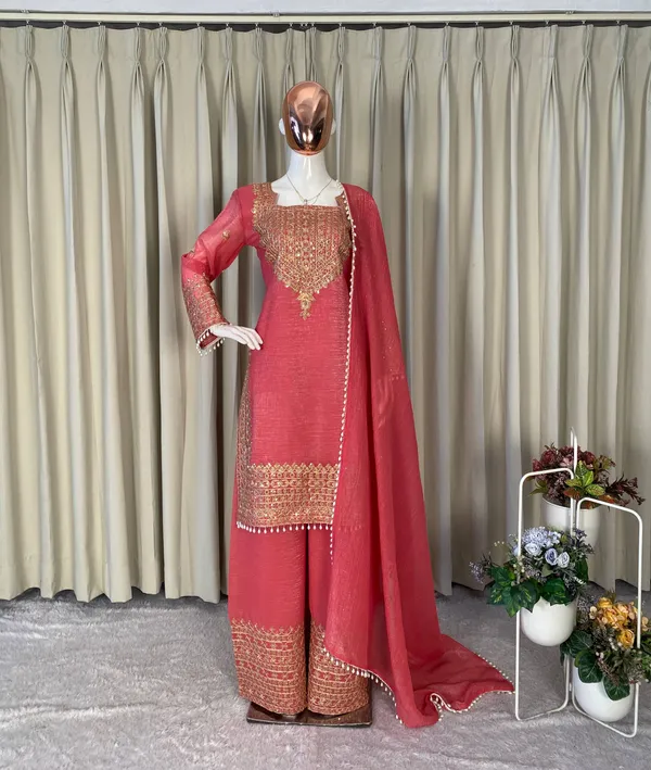 Pink_Designer_Wear_Cording_Sequence_Embroidered_Top_Plazzo_And_Dupatta_In_Chrunchy