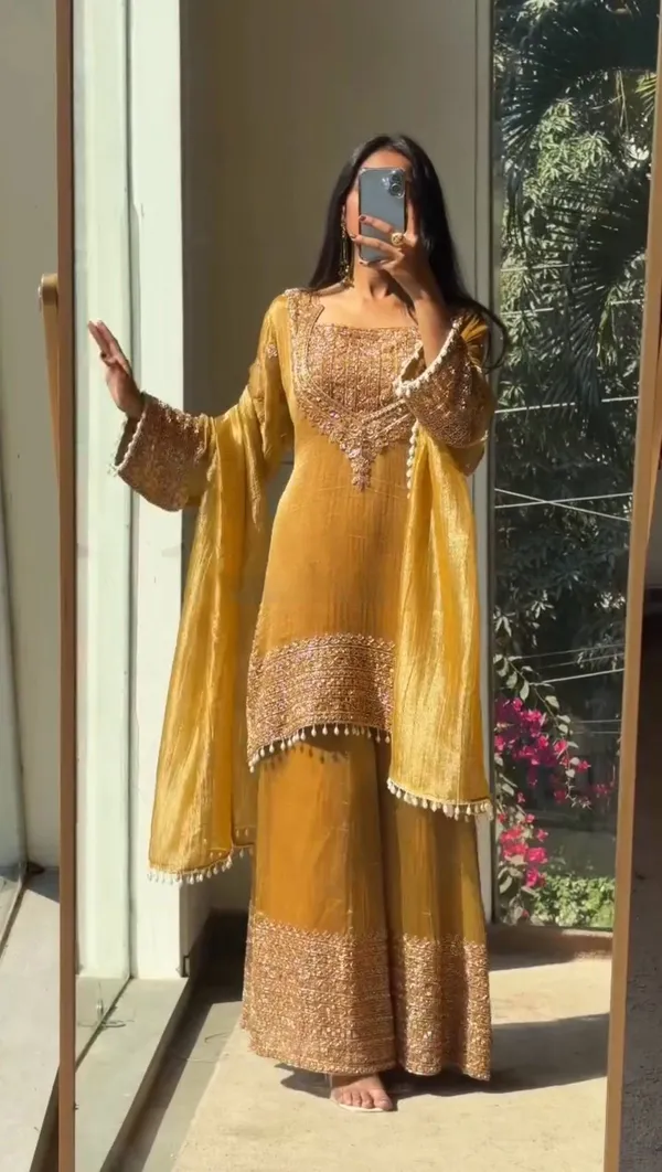 Yellow_Designer_Wear_Cording_Sequence_Embroidered_Top_Plazzo_And_Dupatta_In_Chrunchy