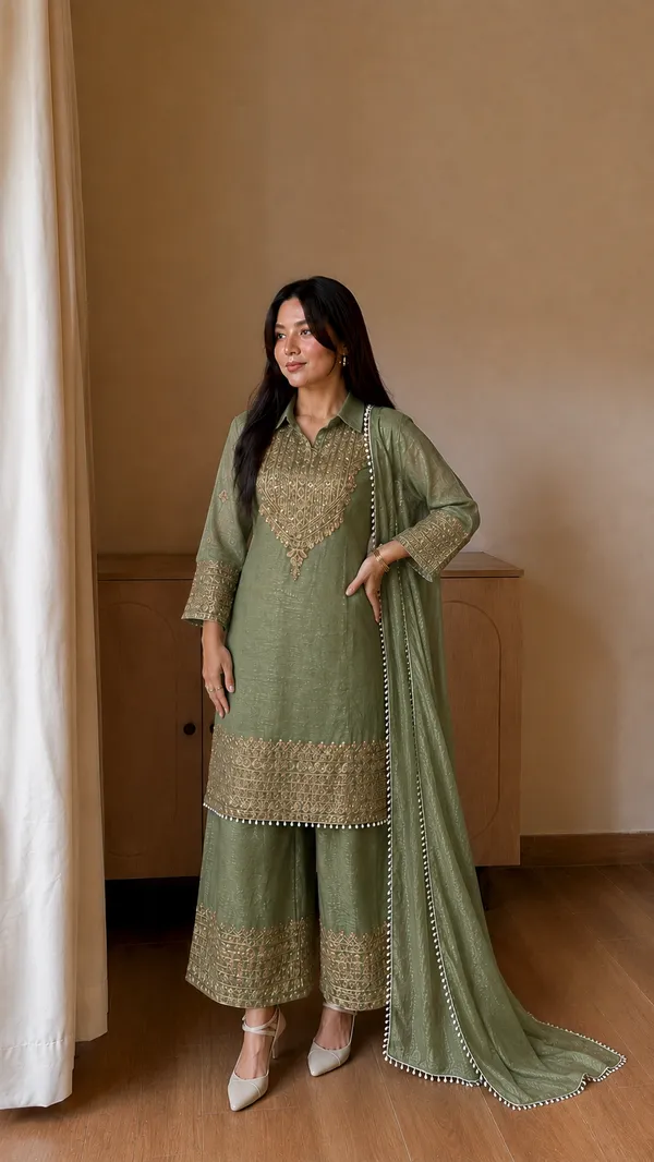 Green_Designer_Wear_Cording_Sequence_Embroidered_Top_Plazzo_And_Dupatta_In_Chrunchy