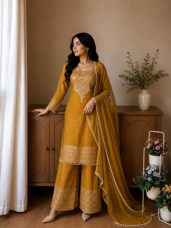 Yellow_Designer_Wear_Cording_Sequence_Embroidered_Top_Plazzo_And_Dupatta_In_Chrunchy
