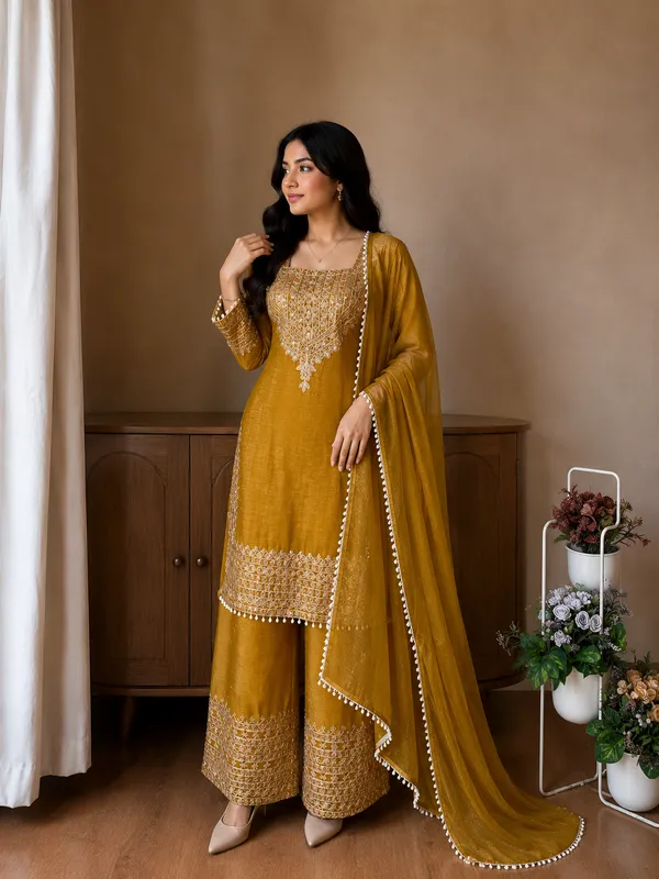 Yellow_Designer_Wear_Cording_Sequence_Embroidered_Top_Plazzo_And_Dupatta_In_Chrunchy