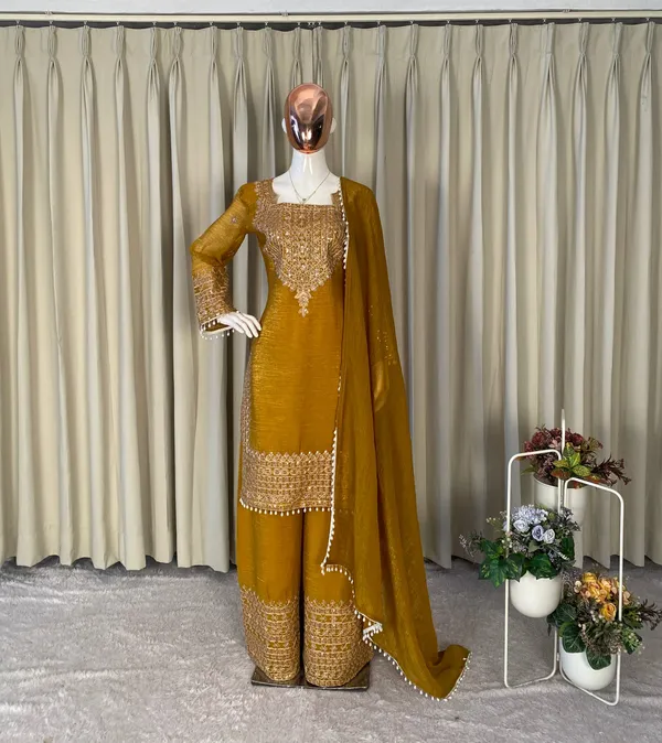 Yellow_Designer_Wear_Cording_Sequence_Embroidered_Top_Plazzo_And_Dupatta_In_Chrunchy