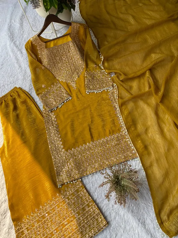 Yellow_Designer_Wear_Cording_Sequence_Embroidered_Top_Plazzo_And_Dupatta_In_Chrunchy
