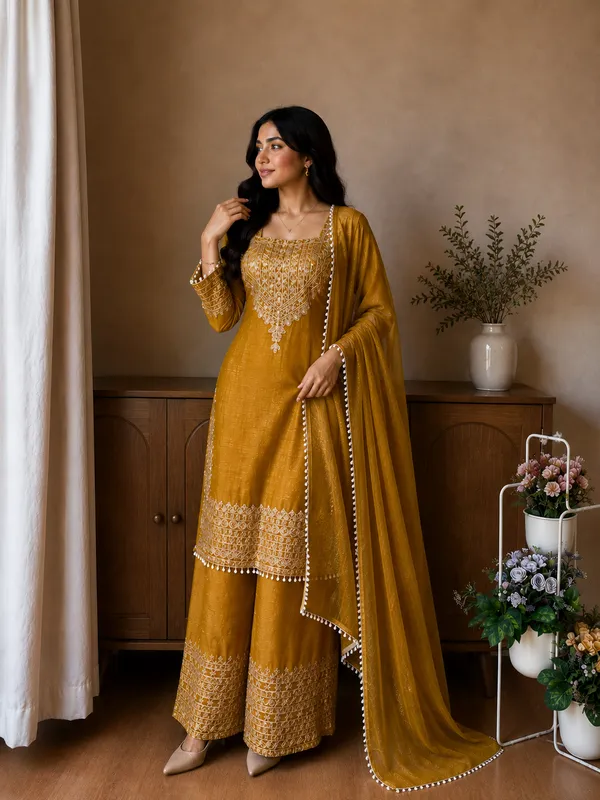 Yellow_Designer_Wear_Cording_Sequence_Embroidered_Top_Plazzo_And_Dupatta_In_Chrunchy