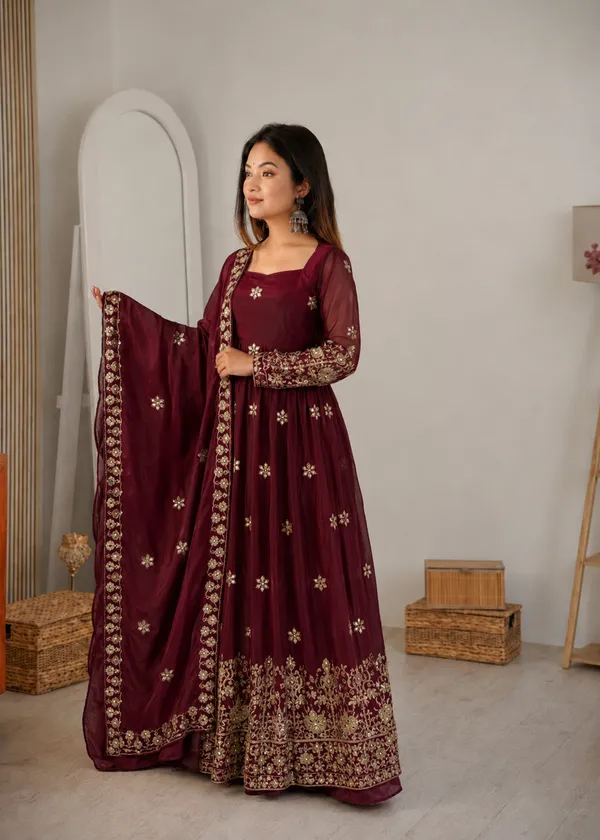 Maroon_Feanty_Silk_Embroidered_Anarkali_Lehenga_Set_For_Women