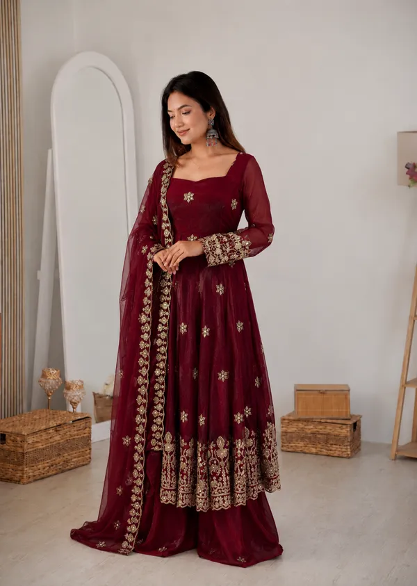 Maroon_Feanty_Silk_Embroidered_Anarkali_Lehenga_Set_For_Women