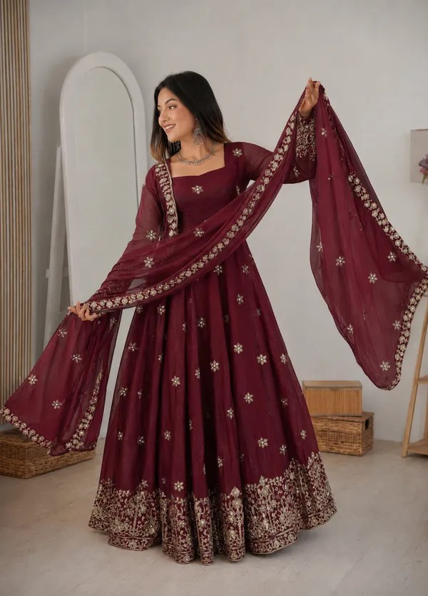 Maroon_Feanty_Silk_Embroidered_Anarkali_Lehenga_Set_For_Women