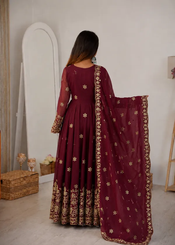 Maroon_Feanty_Silk_Embroidered_Anarkali_Lehenga_Set_For_Women