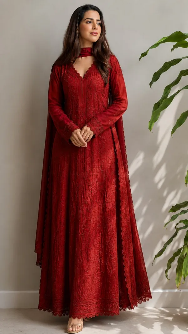 Red_Georgette_Chikankari_Embroidery_Kurta_With_Pant_And_Dupatta_For_Women