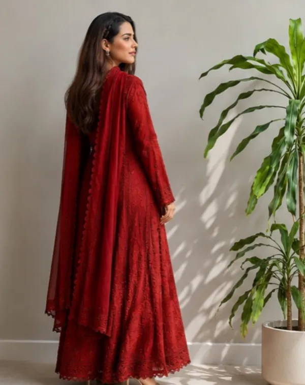 Red_Georgette_Chikankari_Embroidery_Kurta_With_Pant_And_Dupatta_For_Women