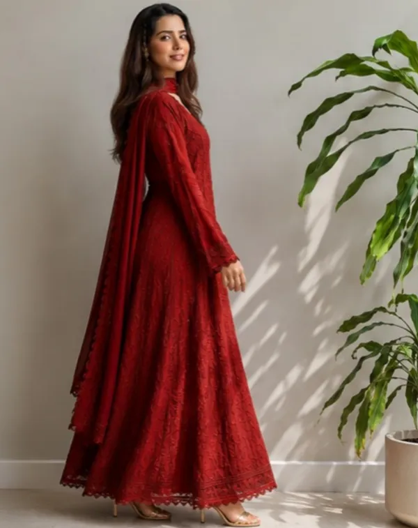Red_Georgette_Chikankari_Embroidery_Kurta_With_Pant_And_Dupatta_For_Women