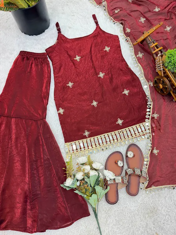 Maroon_Shimmer_Mirror_Work_Sharara_Suit_For_Women