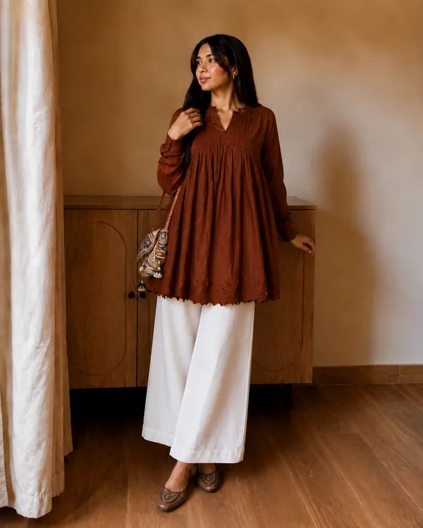 Brown_Flared_Tunic_Top_with_White_Wide_Leg_Palazzo_Pants