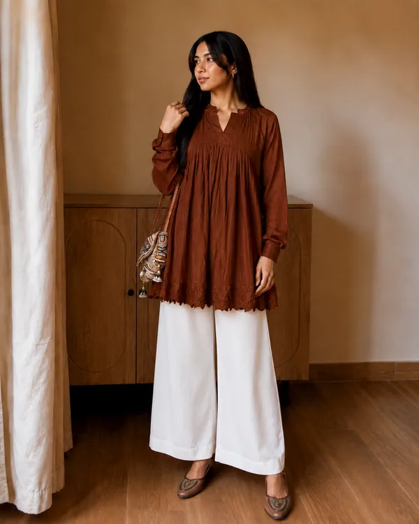 Brown_Flared_Tunic_Top_with_White_Wide_Leg_Palazzo_Pants