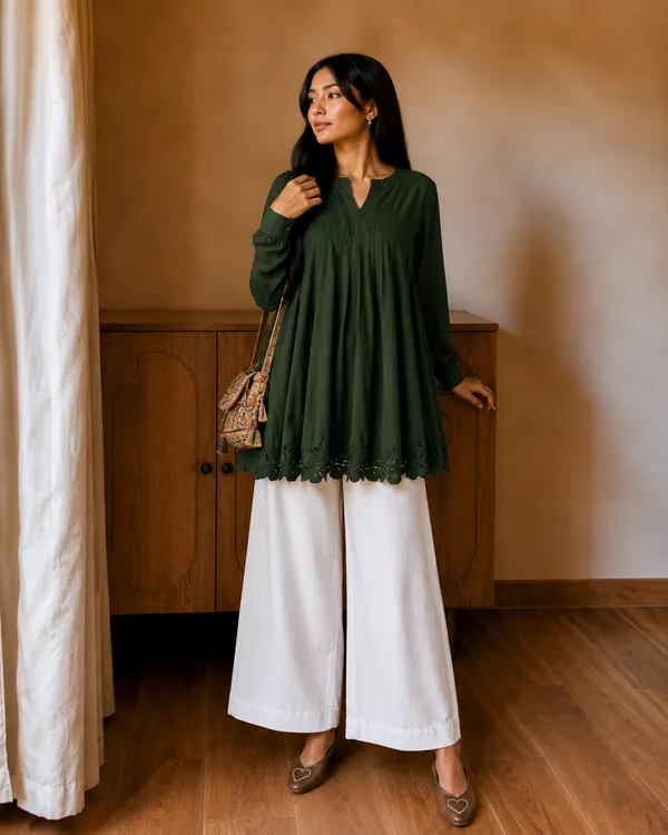 Green_Flared_Tunic_Top_with_White_Wide_Leg_Palazzo_Pants