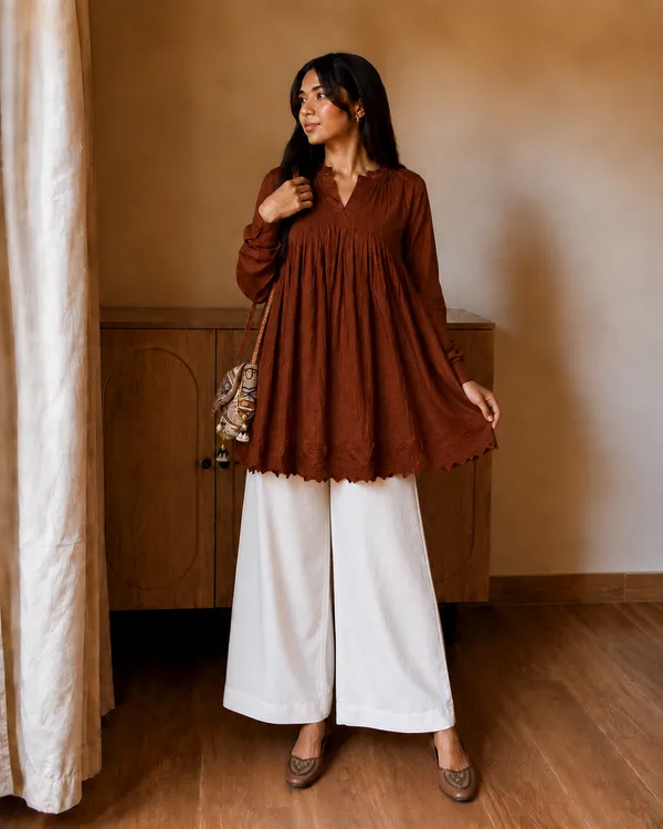 Brown_Flared_Tunic_Top_with_White_Wide_Leg_Palazzo_Pants