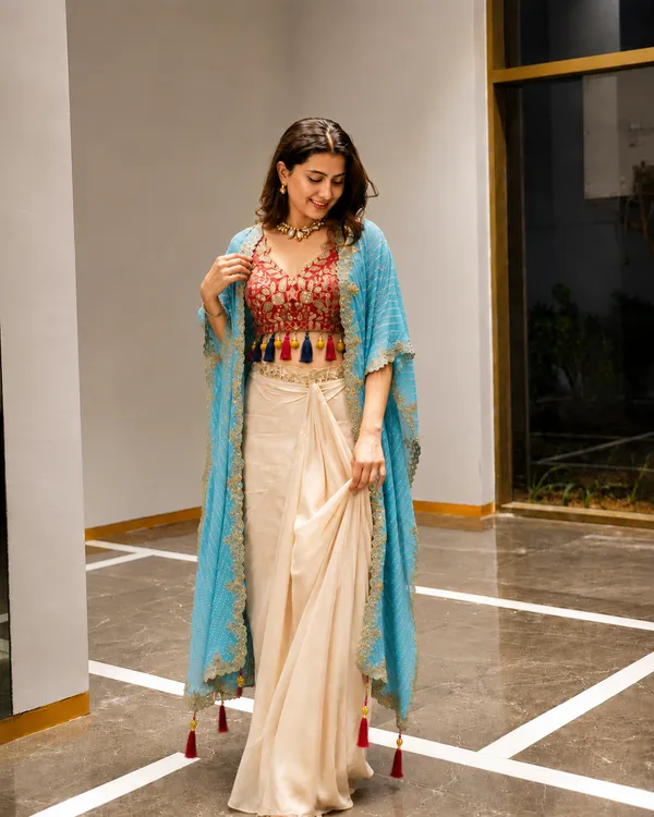 Cream_Draped_Saree_with_Embroidered_Blouse_&_Sky_Blue_Dupatta