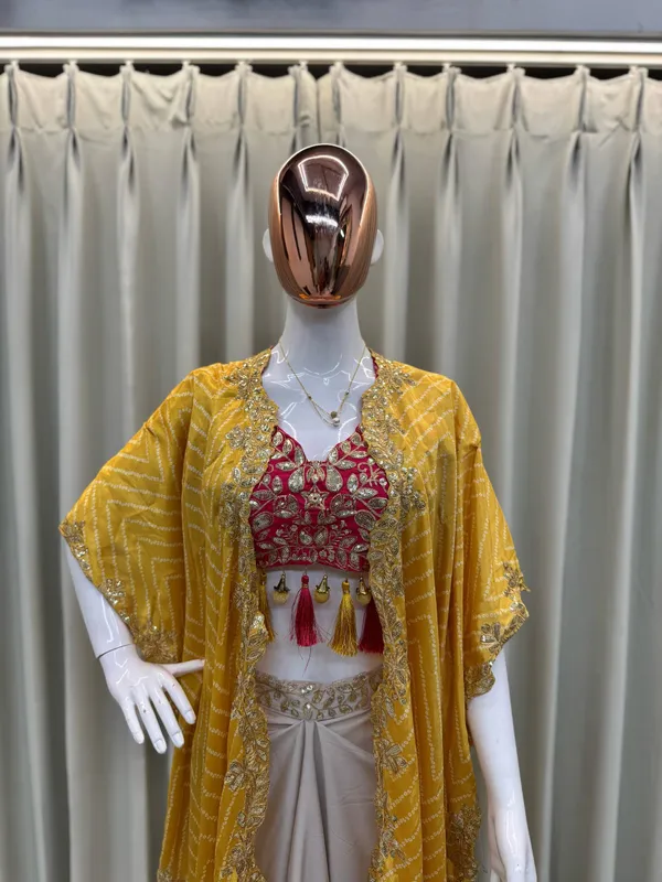Cream_Draped_Saree_with_Embroidered_Blouse_&_Mustard_Yellow_Dupatta