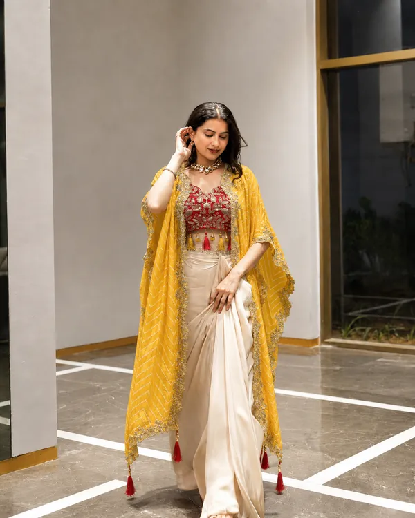 Cream_Draped_Saree_with_Embroidered_Blouse_&_Mustard_Yellow_Dupatta