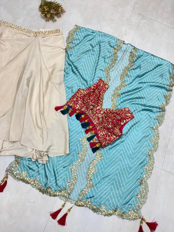 Cream_Draped_Saree_with_Embroidered_Blouse_&_Sky_Blue_Dupatta