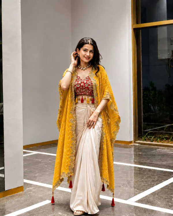 Cream_Draped_Saree_with_Embroidered_Blouse_&_Mustard_Yellow_Dupatta