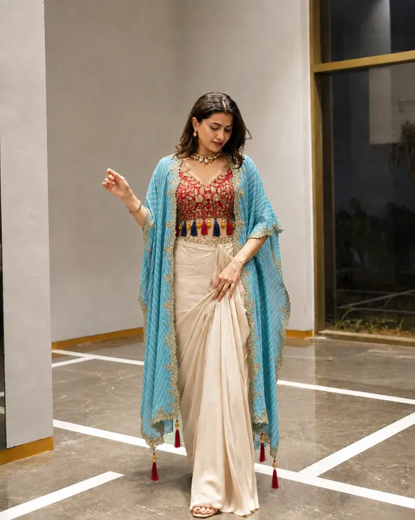 Cream_Draped_Saree_with_Embroidered_Blouse_&_Sky_Blue_Dupatta
