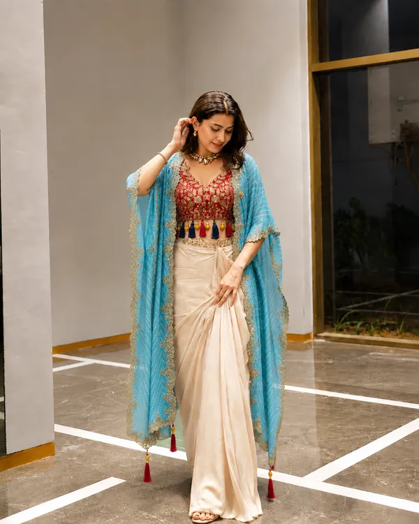 Cream_Draped_Saree_with_Embroidered_Blouse_&_Sky_Blue_Dupatta