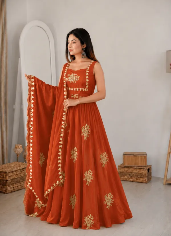 Rust_Orange_Silk_Floral_Embroidered_Lehenga_With_Dupatta_For_Women