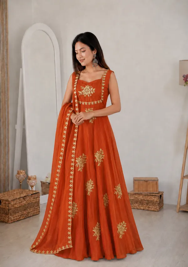 Rust_Orange_Silk_Floral_Embroidered_Lehenga_With_Dupatta_For_Women