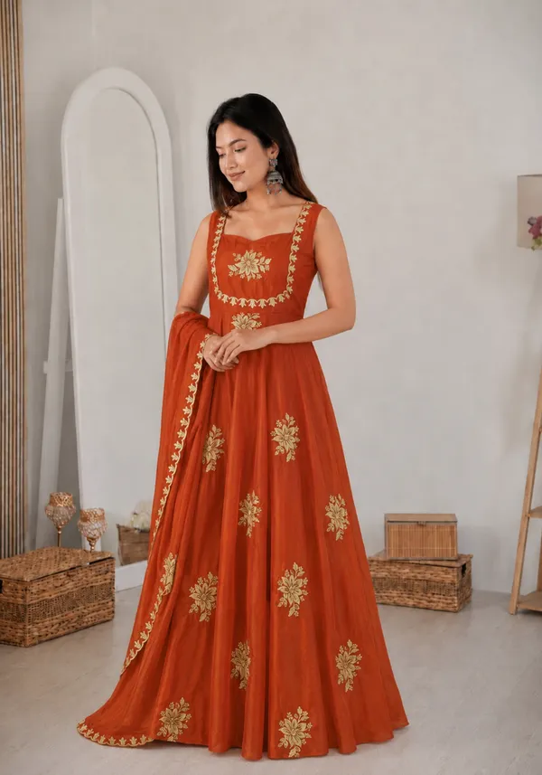 Rust_Orange_Silk_Floral_Embroidered_Lehenga_With_Dupatta_For_Women