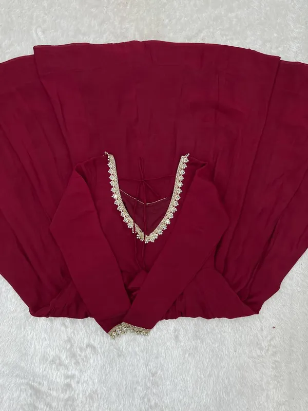 Maroon_Pure_Mal_Chanderi_Fabric_Anarkali_Suit_Set_with_Embellished_Dupatta
