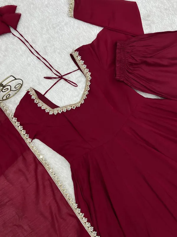 Maroon_Pure_Mal_Chanderi_Fabric_Anarkali_Suit_Set_with_Embellished_Dupatta