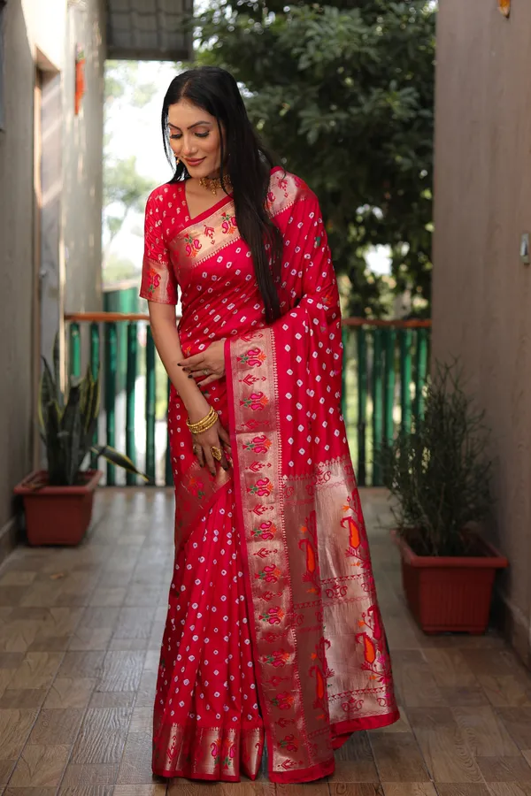 Red_Bandhani_Saree_with_Floral_Zari_Border