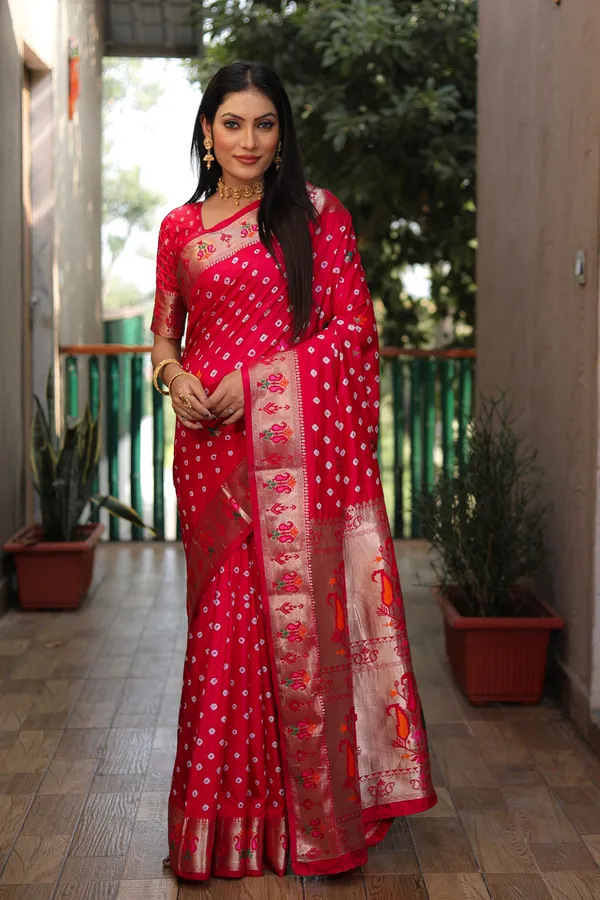 Red_Bandhani_Saree_with_Floral_Zari_Border